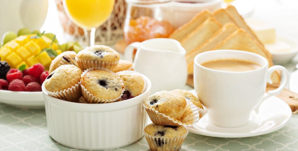 breakfast muffins, coffee, and juice